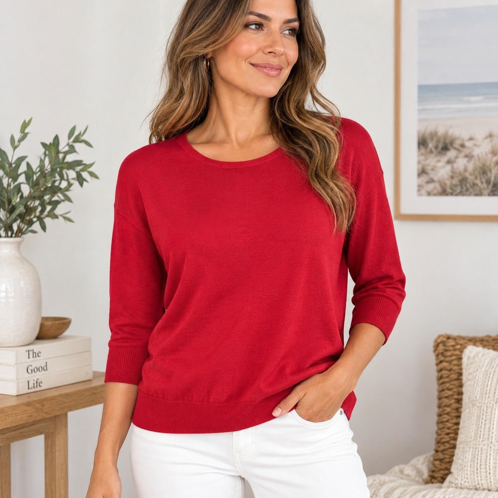 Chico's Red Scoop Neck 3/4 Sleeve Knit Pullover Sweater Size 1 Medium